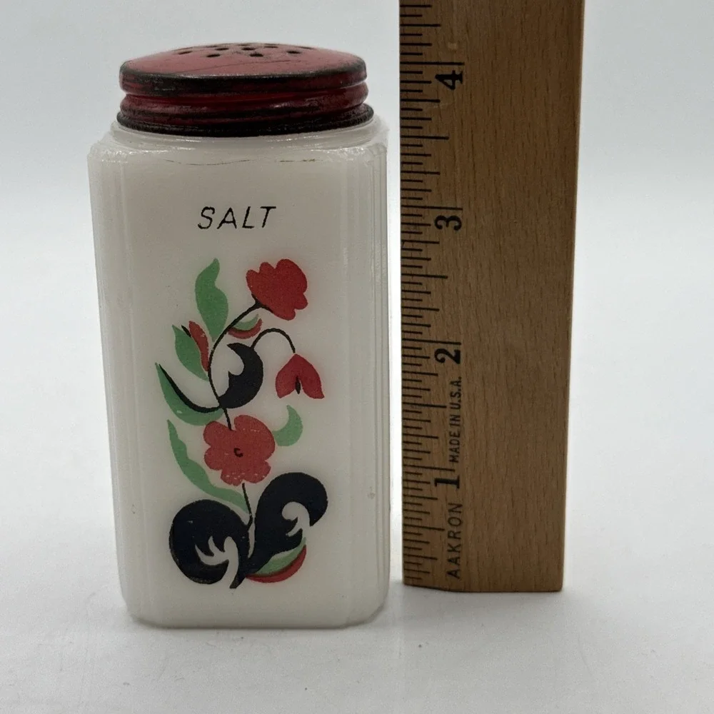 Vintage McKee Tipp City Milk Glass Salt Shaker Flower Pot Red Metal Lid 4